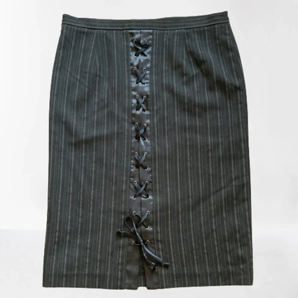 BCBG MaxAzria Pinstripe Pencil Skirt, Size 0/XXS, Lined‎ Back Slit Corset Ties - Picture 1 of 8
